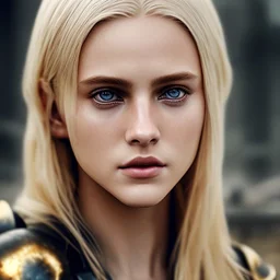 Prhotorealistic close-up of a beautiful blonde warrior with dystopian clothes and background