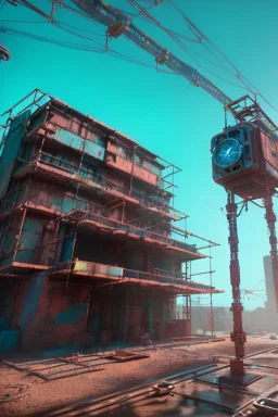 futuristic pinhole camera in Kente, rusted clocks lens, cinematic, scaffolding, cyberpunk, 8k quality