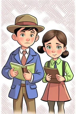 An illustration of a 10-year-old boy and girl, dressed as detectives from for an interactive riddle book.