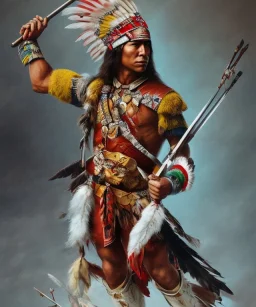 Guaicaipuro, native american, 30 years old, Muscular warrior, red feathers headdress, heroic pose holding spear