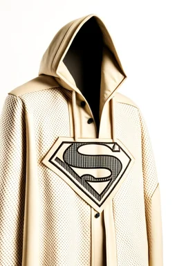 Men's Superman's Zeta1 Winter coat elegant inspired by Superman's emblem design beige tones with dual color on a white background, product catalog photography, soft spot lighting, depth of field, 4k –ar 3:5 –q 2