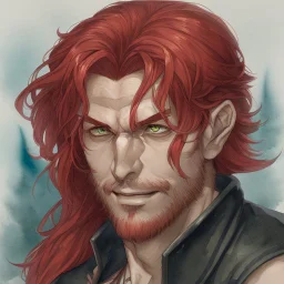 dnd, fantasy, watercolour, large strokes, stylistic, portrait, illustration, dull colours, male, face, narrow long face, weathered face, green eyes, determined, smiling, red hair, very long hair streaming down the shoulders, lush hair, radiating light, five o'clock shadow, elegant, short small mouth