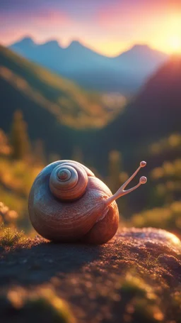 spray paint, body with dark outline, portrait of bald snail psychedelic sunset in carpathians montains sun set ,bokeh like f/0.8, tilt-shift lens 8k, high detail, smooth render, down-light, unreal engine, prize winning