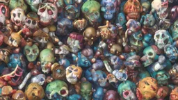 a picture of a dark, comedic, anatomically correct wall of colorful tightly packed skulls of varying sizes and expressions, photo realistic, insanely meticulous, highly detailed, part of a collection of bones on display, 64k, dystopian, vray