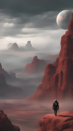 grey cloudy sky, planet in the sky, rocks, mountains, sci-fi, 2000's sci-fi movies influence and influenced by spaghetti westerns colours and tone. have a lone Mexican cowboy ridding down the middle of the frame small compared to the large red cliffs and remanent of giant robots