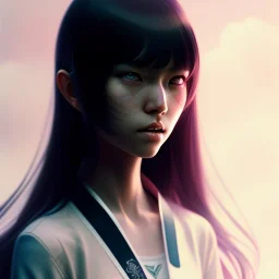 Japanese girl with big brown eyes and long black hair with bangs, cute, beautiful, high quality, insane detail, by Greg Rutkowski, straight bangs, asian, pink shirt