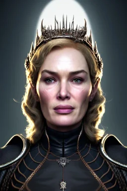 Cersei Lannister as evil queen in black leather, lena headay, leather, busty, cleavage, angry, rage, stern look. character design by cory loftis, fenghua zhong, ryohei hase, ismail inceoglu and ruan jia. unreal engine 5, artistic lighting, highly detailed, photorealistic, fantasy