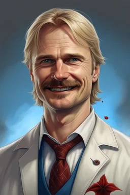 Mid-thirties, Caucasian male doctor, kind smile, blonde hair (slightly disheveled) blonde mustache, pale blue eyes, broad shoulders, muscular, six foot, Hawaiian shirt under white lab coat (with blood stains around the edges) , Strong Jaw line, encroaching shadowy tendrils, photo realistic, fantasy