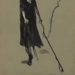 Portrait of a withered old witch with walking cane