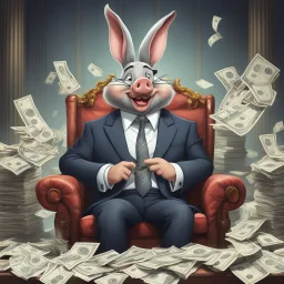 rich pig in suit on a throne making stacks of money by making a deal with a buisnessman. bugs bunny making sick beats in a background as he is known musician