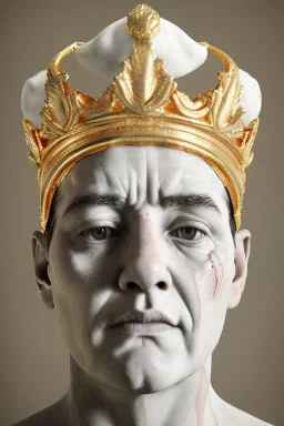 Ultra Realistic image, classic sculpture, white marble material, Maradona, gold crown of natural thorns, god crown, gold veins, gold ornaments, sun rays background, waist up portrait, epic, celestial, cinematic lighting, God lights, 4k resolution, smooth details, soft lighting, unreal engine 5, art station, substance 3d.