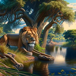 Animated drawing of a hyper-detailed hyper-realistic lion river trees summer 4k