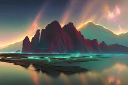 rocky cliff, vegetation, galaxy, infinite, cosmos, people, water reflection, sci-fi, otto pippel impressionism painting