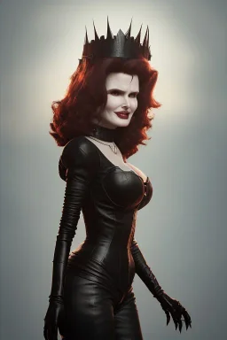 Geena Davis as evil queen in black leather, leather, busty, cleavage, angry, rage, stern look. character design by cory loftis, fenghua zhong, ryohei hase, ismail inceoglu and ruan jia. unreal engine 5, artistic lighting, highly detailed, photorealistic, fantasy