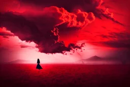 A dark sihlouette of a person flying among the beautiful haunting blood-red clouds