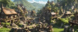 A busy surrealists market in beautiful sunny outdoor countryside scene with distant hills & fields, intricate dwellings, a clock-house, many pathways & stairways, walkways & bridges, waterfalls & a waterwheel : ultra high detail, photorealistic, epic cinematic, 8K, Large depth of field