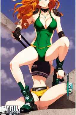 In the style of Shirow, hyper detailed, strikingly beautiful teen female, 16 years old, long ponytail, ginger hair, green eyes, medium freckles, full lips, full body, full face, b-cup breasts, athletic, centred camera, ignore NSFW, bikini, athletic, sitting, legs spread