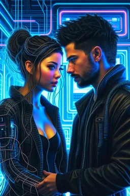 a handsome cyberpunk man connected by wires with a beautiful cyberpunk woman