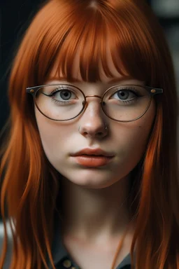 girl with ginger hair in a fringe with glasses and a septum piercing and a giant forehead