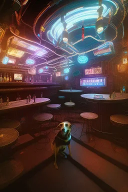 dog in a cyberpunk bar, digital art style. fantasy,particales, wide shot,cowboy robots, western feel,cinematic, highly detailed, intricate detail