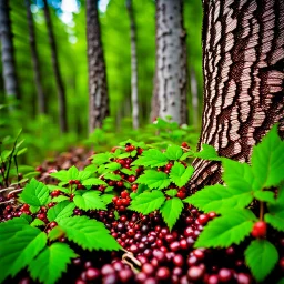 A person standing in a forested area in Alberta during the summer season, facing a patch of poison ivy with dark green leaves and small red berries. The scientific name "Rubus canadensis" appears on a nearby sign, alerting people to be cautious and avoid contact with the plant.