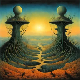 surreal nightmare landscape with an infinity stretch of enigma structures, by Dr Suess and Zdzislaw Beksinski, surreal, strange, sharp colors, eerie, mysterious, sinister