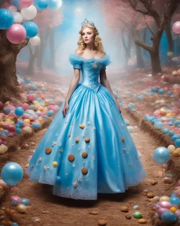 Realistic Photography Art Beautiful Woman as Cinderella walk in Fantasy Candy land with chocolate and cookies