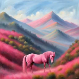 a pink horse in hills like a 19th painting