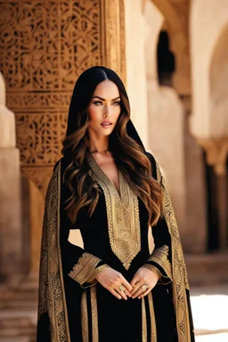 Megan Fox wearing hijab islamic culture dress black Moroccan caftan 4k golden patterns high qualité