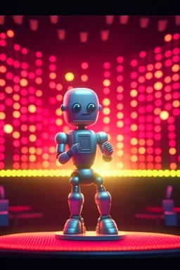 cute adorable chat robot behind podium with expensive microphone, big screens in the background, its such a perfect day i am glad i spent it with you, motion blur, smoke, 4k, downlight, soft light, depth of field, photorealism, trending on art station