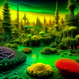 Photoraph of an odd swamp landscape with odd beings surreal abstract Max Ernst style, 120mm photography, sharp focus, 8k, 3d, very detailed, volumetric light, grim, fine art, very colorful, ornate, F/2.8, insanely detailed and intricate, hypermaximalist