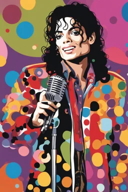 colorful Illustration of a michael jackson microphone in hand and looking at the camera. Polka dots in the background. by munch