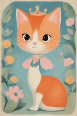 1950s illustration of an orange cat with a princess, style of mary blair, pastel colors