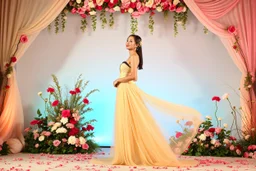picture of lady with a maxi dress flower stye design posing in a art an romantic stage