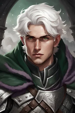 baron. twenty-seven years old. short white hair. dressed in chaimail armor. gray clothes. dark-green cloak. light-purple eyes.