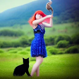 beautiful sourcer, girl, portrait, dressed in a transparent intricate blue dress, leaves in the hair, short tainted red hair, with a white cute cat, high definition, dramatic scenery