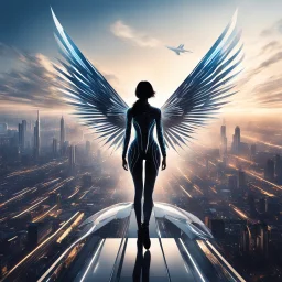 In a world where the sky is the new frontier, “AeroDynamica” emerges as the embodiment of progress and freedom. This digital artwork captures a futuristic girl, her silhouette sleek against the cityscape, with wings that are a marvel of bioengineering. They unfurl with a grace that belies their intricate design, a fusion of organic curves and cutting-edge technology. “AeroDynamica” is not just a figure; she’s a statement about the potential within us all to soar beyond our limits and explore the