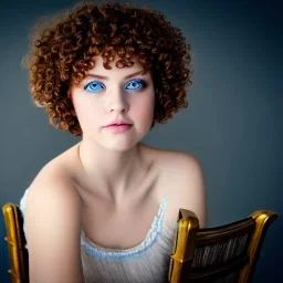 roman princess, cute, beautiful, short hair, curly hair, blue eyes, sit on chair portrait, cinematic, 8k, knight armor