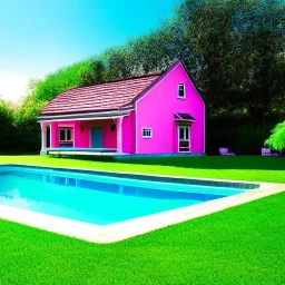 pink house, green lawn, sunny, swimming pool, cinematic blue water