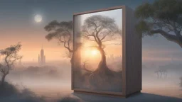 drawing on a cabinet 1.45 meters high and 34 meters wide, the last tree, city of the future year 4222, portal in space that's leads to the afterlife, and a beautiful sunset and galaxy's behind the fog, very realistic, 4K