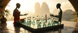 alien levitating yoga monk chess masters playing serious glowing chess on hex map in lounge on beautiful lush planet with huge transparent glass pieces
