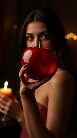 A red Chrystal Apple in a hand of beautiful women holding it in the dark with candle in the background distant