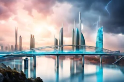 Dreamlike Skyline of Downtown futuristic hightech city in 4050 and a stunning futuristic Bridge During. dark sky, grey and black clouds , storm, dark azur-blue river, cold colors, come storm, rain, high detalied, sci-fi, landscape