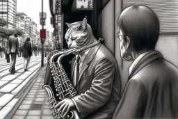 One mature cat playing saxophone on the street, Osaka, thoughtful, mourning, model style, hyper realistic, extremely accurate, delicate, extremely detailed, Graphic novel style, wide-angle, open aperture, superfine pencil