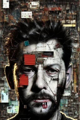 Zoomed in, Ultra detailed medium portrait painting of a tired man, unshaved, worried look, suicidal, broken, torn up collage of clippings, broken circuitry background, matrix effects, punk visual art, punk art aesthetic, graffiti art, pop surrealism, collage art, cluttered paint glitches