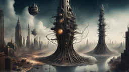 a stunningly weird image of a futuristic tall tower metropolis using Salvador Dali's paranoiac-critical method, where buildings and structures appear to melt into the skyline cityscape is filled with floating mad, twisted sharp metal shapes that interact with the buildings and each other, forming a surreal tableau of a dreamlike reality. neu-steampunk vibe, essence of the scene in a cinematic manner, dramatic shadows , perspectives and bizarre, deep colors, futuristic surreal