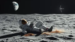 Lone astronaut lying listlessly on a lunar crater, absentmindedly playing with space dust, Earth satellite shining monotonously on the black horizon, spacesuit decorated with doodles of boredom, dramatically exaggerated pose of cosmic ennui, space station flickering faintly in the distance, surreal space comedy style