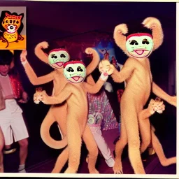 1980s photo of new year's party alien monkey with dancing cats happy