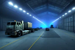 warehouse, new jeresey, trucks unloading, night time , unity, scriptable render pipeline , blue tone, volumetric lighting.