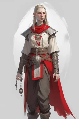 full length, tall, gangly, 22-year old, nordic looking female human cleric with a red beaded necklace, wearing scale mail